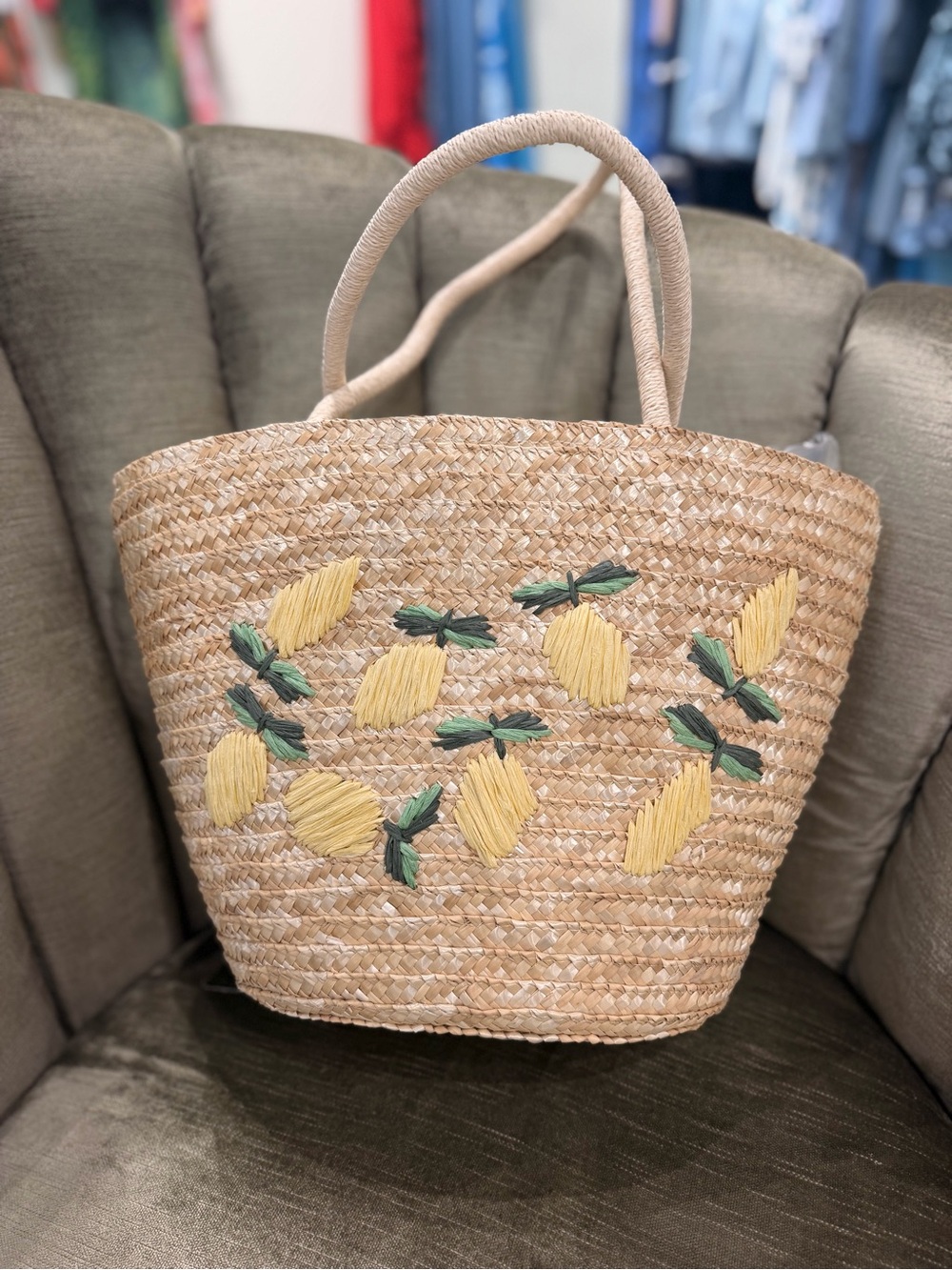Straw Tote Bag with Yellow Lemon Embroidery